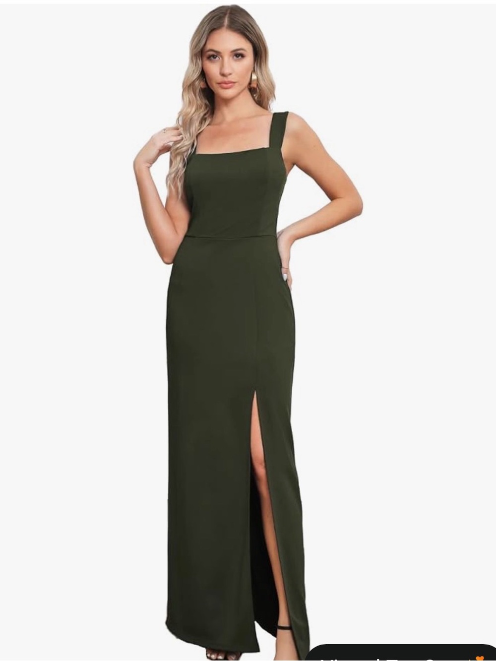 Sleeveless Square Neck Olive Green Evening Dress with Front Slit Small